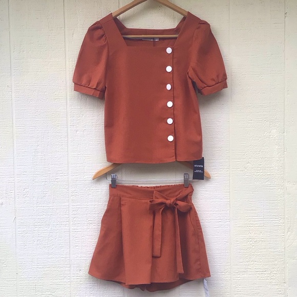 Storets Ariel side button blouse and Melodie bow tie skort brown rust orange - Picture 1 of 16